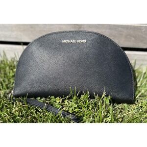 Michael Kors Wallet Wristlet Womens Black Leather Half Moon Pouch Zip Clutch